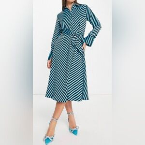 Y.A.S Satin Shirt Dress Blue & Black Stripe Tie Waist Midi Size L